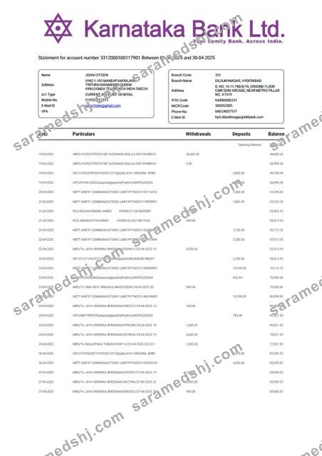 India Karnataka Bank statement for account Word and PDF template
